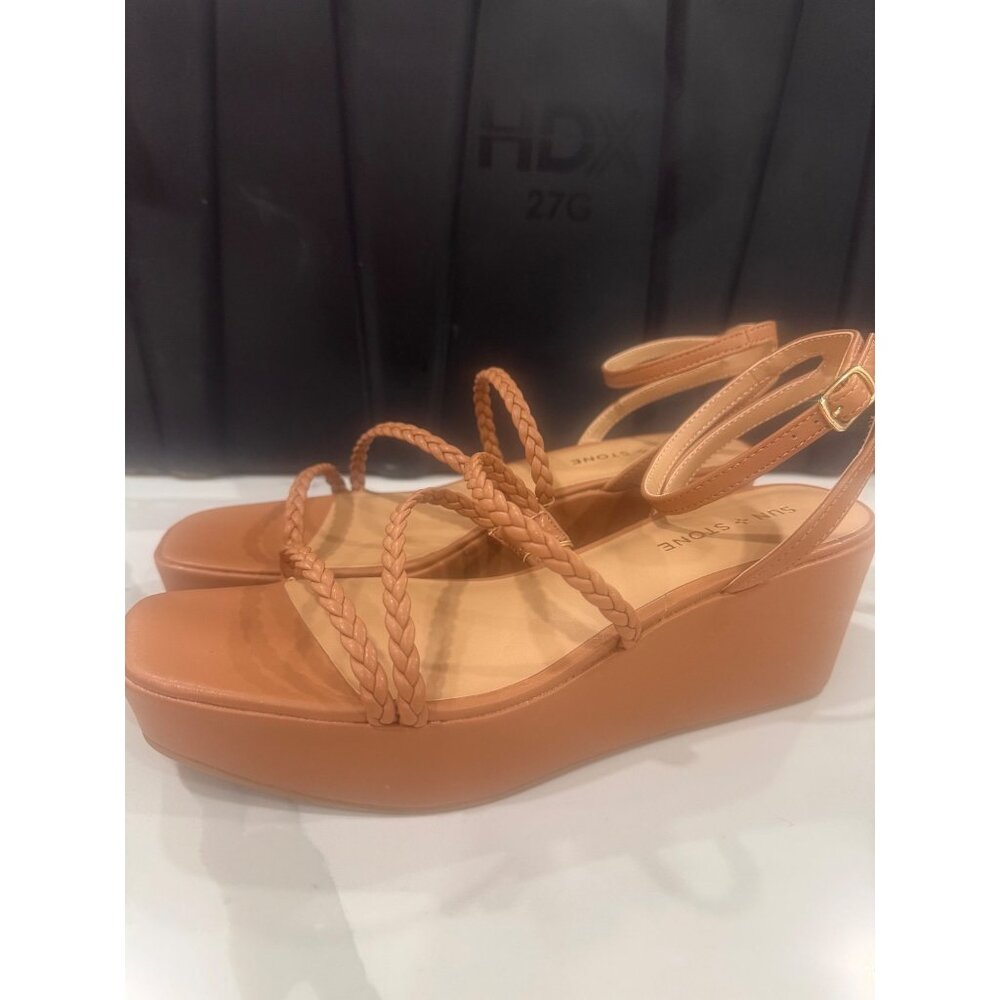 Sun + Stone Alyssa Cinnamon Braided Strap Wedge Sandals
